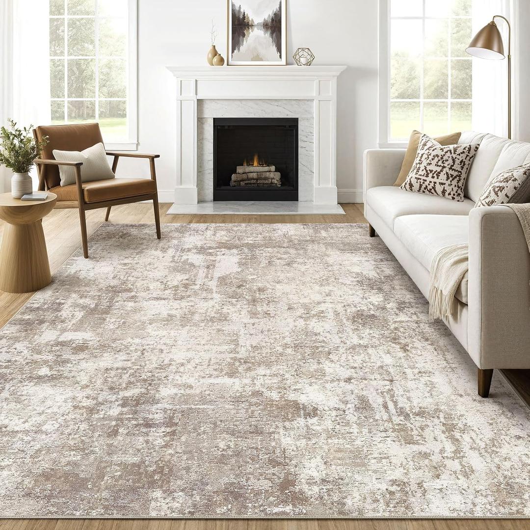 Area Rugs 9x12 Living Room: Washable Large Abstract Soft Rugs Stain Resistant Indoor Floor Non-Slip Accent Carpet for Women Modern Home Enthusiasts Aged 25-45 - Bedroom Nursery Playroom- Beige Brown