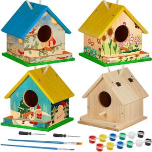 Liliful 24 Sets Wooden DIY Birdhouse Kit, Unfinished Bird Houses with Paints and Paintbrushes, Bird Feeder Craft Arts for Kids Ages 4-8, 8-12, Classroom Activity and Adults Wooden Craft Gifts