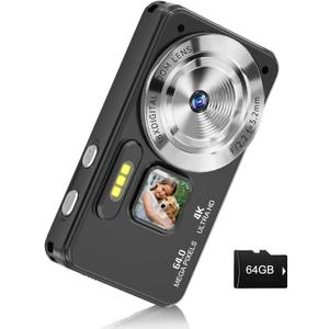 Digital Camera, Autofocus 4K 64MP Point and Shoot Digital Cameras for Teens with 64GB Card, 18X Zoom Anti-Shake Compact Video Camera for Student Kids Boys Girls Beginner - Black