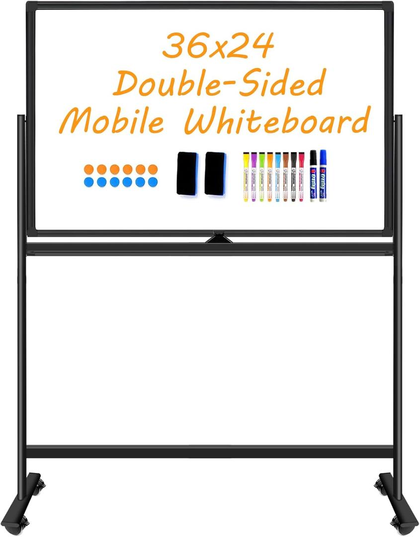 BSTPCOO Magnetic Dry Erase Board with Stand, Double-Sided 36"x24" White Board with Stand, Mobile Whiteboard Rolling Whiteboard on Wheels for Kids & Adults, 2 Eraser, 10 Markers, 12 Magnets