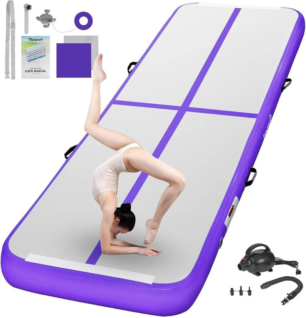 FBSPORT Inflatable Air Gymnastics Mat Training Mats 4/8 inches Thickness Gymnastics Tracks for Home Use/Training/Cheerleading/Yoga/Water with Pump (13ftL*3.3ftW*8inH, Purple)