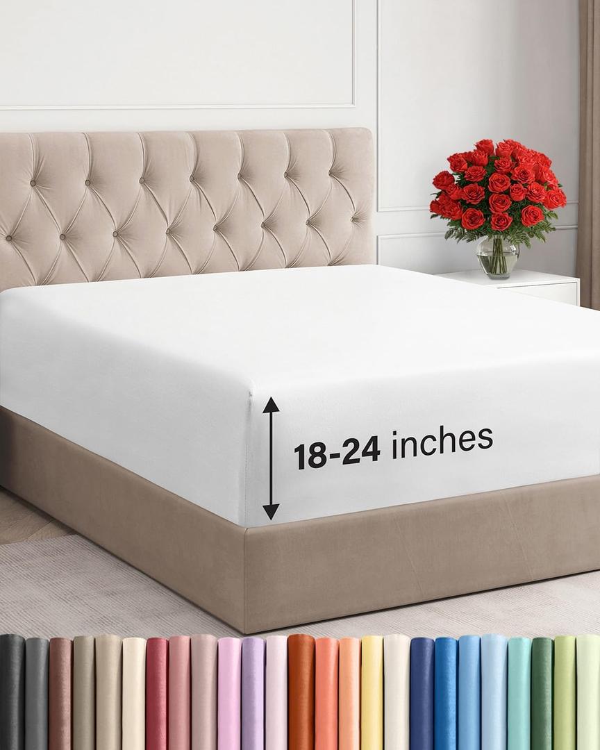 Extra Deep Queen Fitted Sheet - Hotel Luxury Single Fitted Sheet Only - Easily Fits 18 inch to 24 inch Mattress - Ultra Soft, Wrinkle Free w/Extra Deep Pockets - Easy-Care, Breathable & Comfy - White