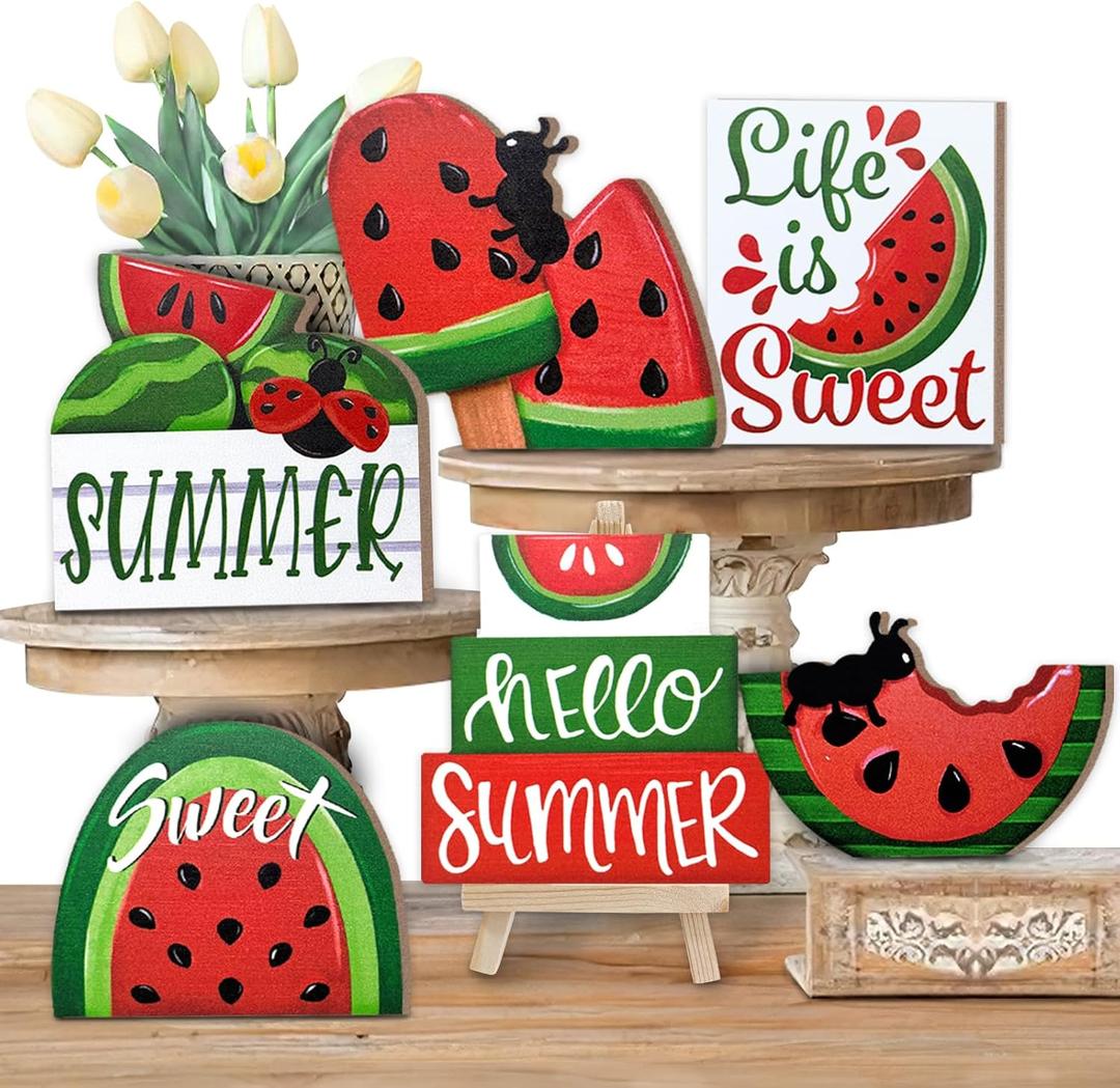 Summer Tiered Tray Decor, Red Green Watermelon Tray Decorations, Hello Summer Sweet Popsicle Ant Wooden Signs, Farmhouse Rustic Decorations for Home Table Shelf Mantel Party