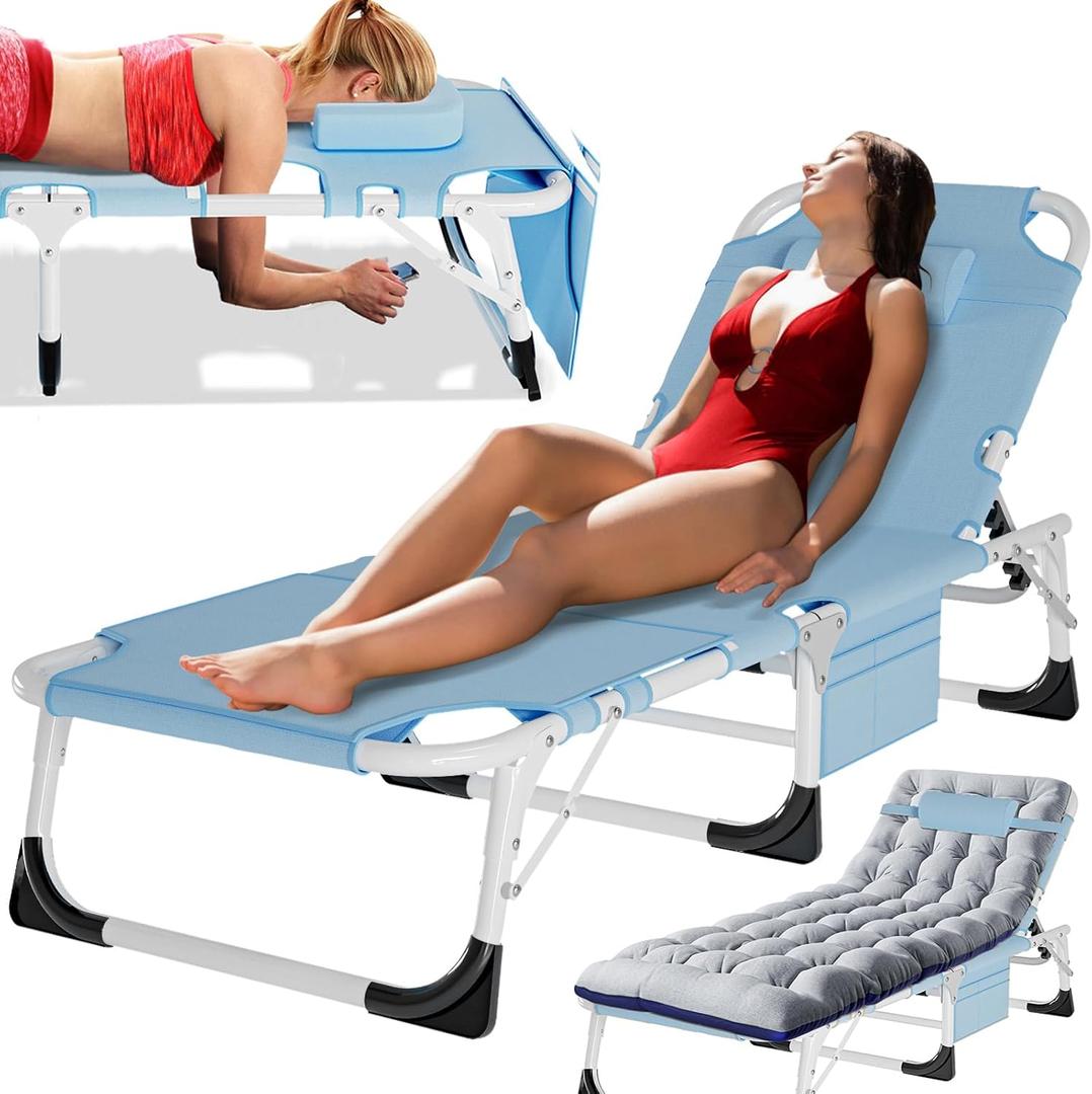 MOPHOTO Tanning Lounge Chair 5-Position, Outdoor Sunbathing Chairs Folding Chaise Lounge, Sun Tanning Lounger with Face Hole, Perfect for Pool Beach Patio Sunbathing (Aegean)