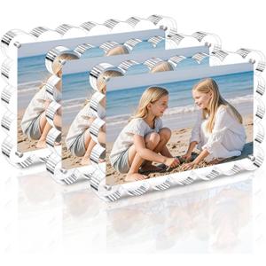 Egofine 4x6 Acrylic Picture Frames 3 Pack, 20mm Thick Magnetic Picture Frames, Double Sided Magnet Frames, Clear Photo Scalloped Frames, Free Standing Desktop Display