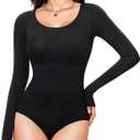 Nebility Long Sleeve Bodysuit for Women Tummy Control Crew Neck Body Suits Tops Slim Fit (X-Large, Black)