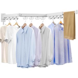 Wall Mounted Clothes Drying Rack, Laundry Drying Rack Wall Mount, 3-Fold Drying Rack Clothing, Foldable Clothes Drying Rack with 12 Dual Hooks Organization for Laundry Room Indoor - White