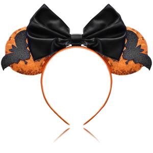 2 x Orange Mouse Ears Halloween Headbands, Bow Bat Halloween Hair Accessories for Woman Man (Black Bow) (Orange)