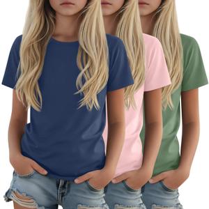 3 Pack Girls Shirts Plain Short Sleeve Tops Teens Youth Summer Tshirts Crewneck Loose Fit Casual Basic Tees 5-6Y