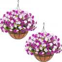 Elyum 2 Pack Artificial Hanging Flowers for Outdoors, Fake Flowers Artificial Petunias Hanging Baskets for Outdoors, UV Resistant Fake Hanging Plants Flowers for Outside Garden Patio Porch Decor