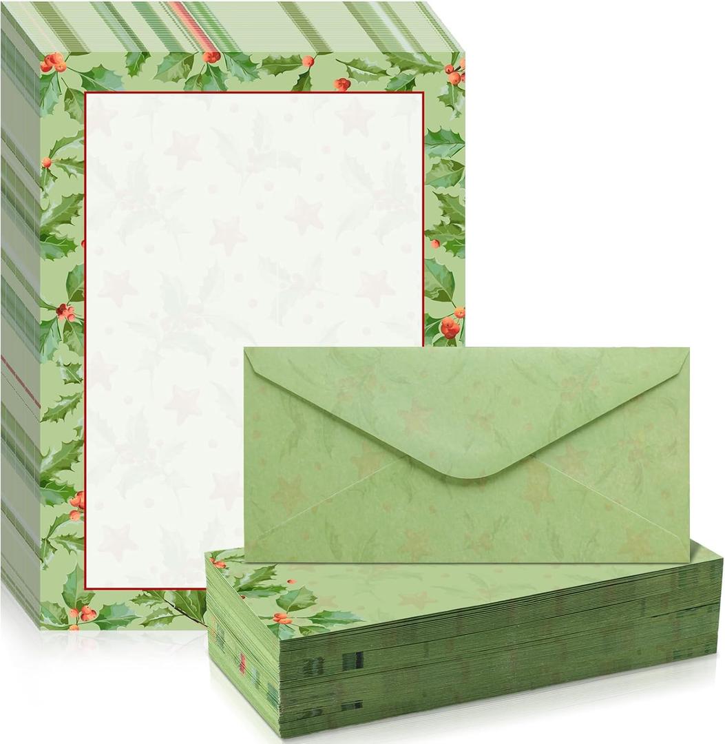 160 Pcs Christmas Stationery Paper Holly Letterhead and Envelopes 80 Holly Ivy Christmas Letterhead 80 Holly Holiday Envelopes for Notes Greeting Cards Invitation Office Writing