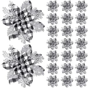 Canlierr 24 Pieces 5.7 Inch Christmas Poinsettia Flower Christmas Glitter Artificial Flower with Clips Xmas Tree Ornament for Wreath Garland Party Decor (Black and White Buffalo with Silver Petals)