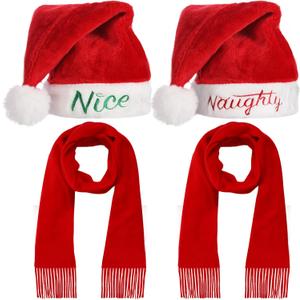 Haysandy 4 Pcs Naughty and Nice Plush Christmas Santa Hats with Scarfs for Holiday Xmas New Year (Red)