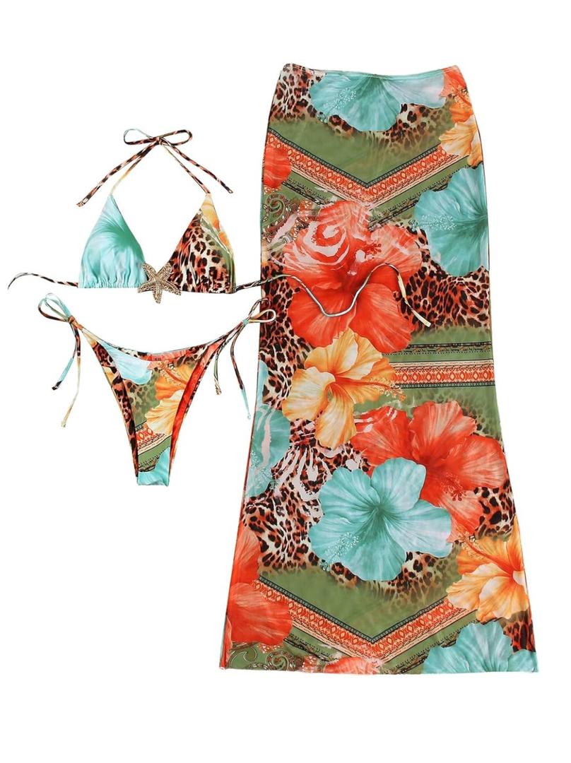 GORGLITTER Women's 3 Piece Floral Leopard Swimsuit Halter Triangle High Waisted Thong Bikini Set with Beach Skirt,  S