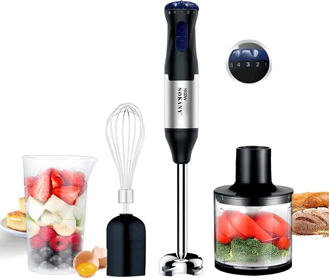4-in-1 Copper Motor Stainless Steel Blade immersion blender handheld,1000W 5 Speed stand mixer,700ml Beaker,500ml Food Processor, egg beater, baby food maker, meat grinder