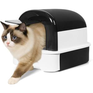 Enclosed Litter Box with Front Door Flap and Scoop, Covered Kitty Litter Box with Handle and Buckles for Portability and Privacy (Shining Black)