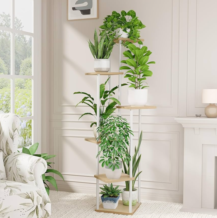 Bamworld White Plant Stand Indoor 6 Tier Metal Plant Shelf for Multiple Plants Tall Flower Stand for Patio Garden Balcony Living Room Bedroom