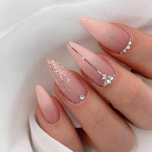 Nude Ombre Press On Nails Medium Almond Fake Nails For Daily & Party False Nails Press ons Glitter Full Cover Rhinestones Acrylic Glue on Nail Reusable Stick on Nail for Women Manicure 24Pcs