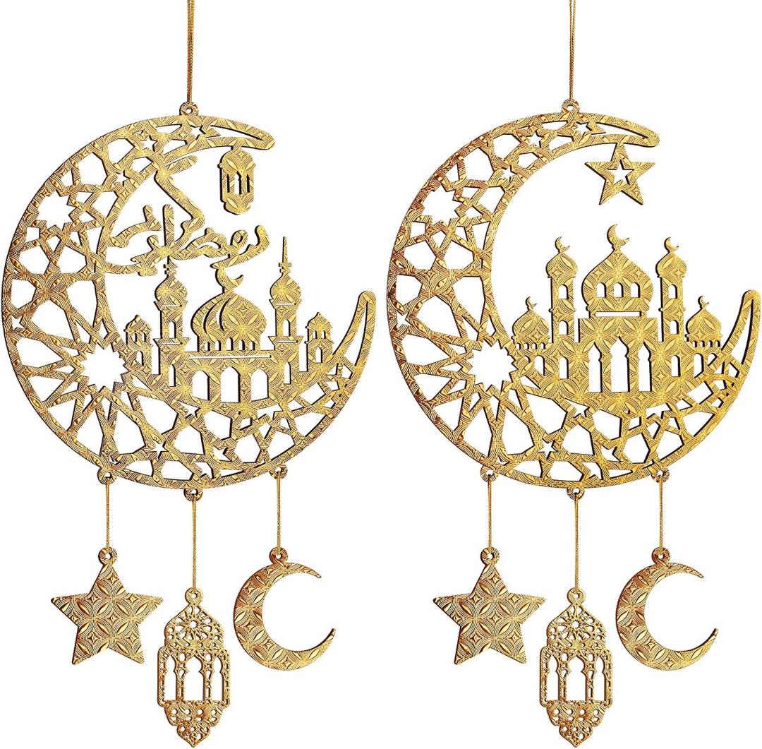 Hinsly 2 Pieces Ramadan Decoration Wood Islamic Moon Hollow Star Front Door Wall Signs, Muslim Sign Eid Mubarak Kareem Ornaments Hanging Crafts for Home Party Supply (Large, New House)