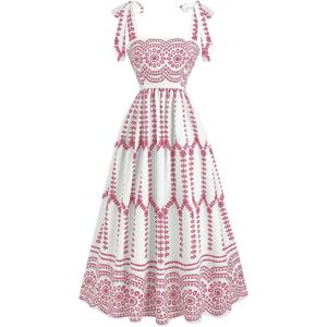 Floerns Women's Boho Floral Tie Shoulder Dress Straps Sleeveless Ruffle Hem Flowy Summer Vacation Midi Dresses (Pink, M)