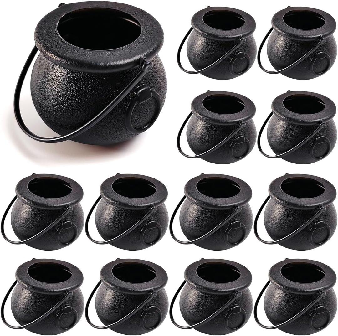 TIHOOD 12PCS 2.75 Spooky Halloween Candy Cauldrons - Mini Black Cauldron Children Toys for St. Patrick's Day Pot of Gold, Trick or Treat, Halloween Decoration and Kid Birthday Party Favors