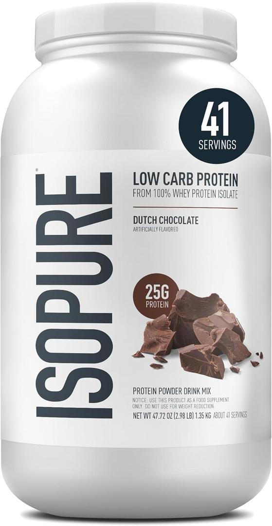 Isopure Low Carb 100% Pure Whey Isolate Protein Powder, Gluten Free, With Vitamins, Dutch Chocolate, 25g Protein Per Serving, 3.07 Lbs, 41 Servings (Packaging May Vary) (EXP 09/29/27)
