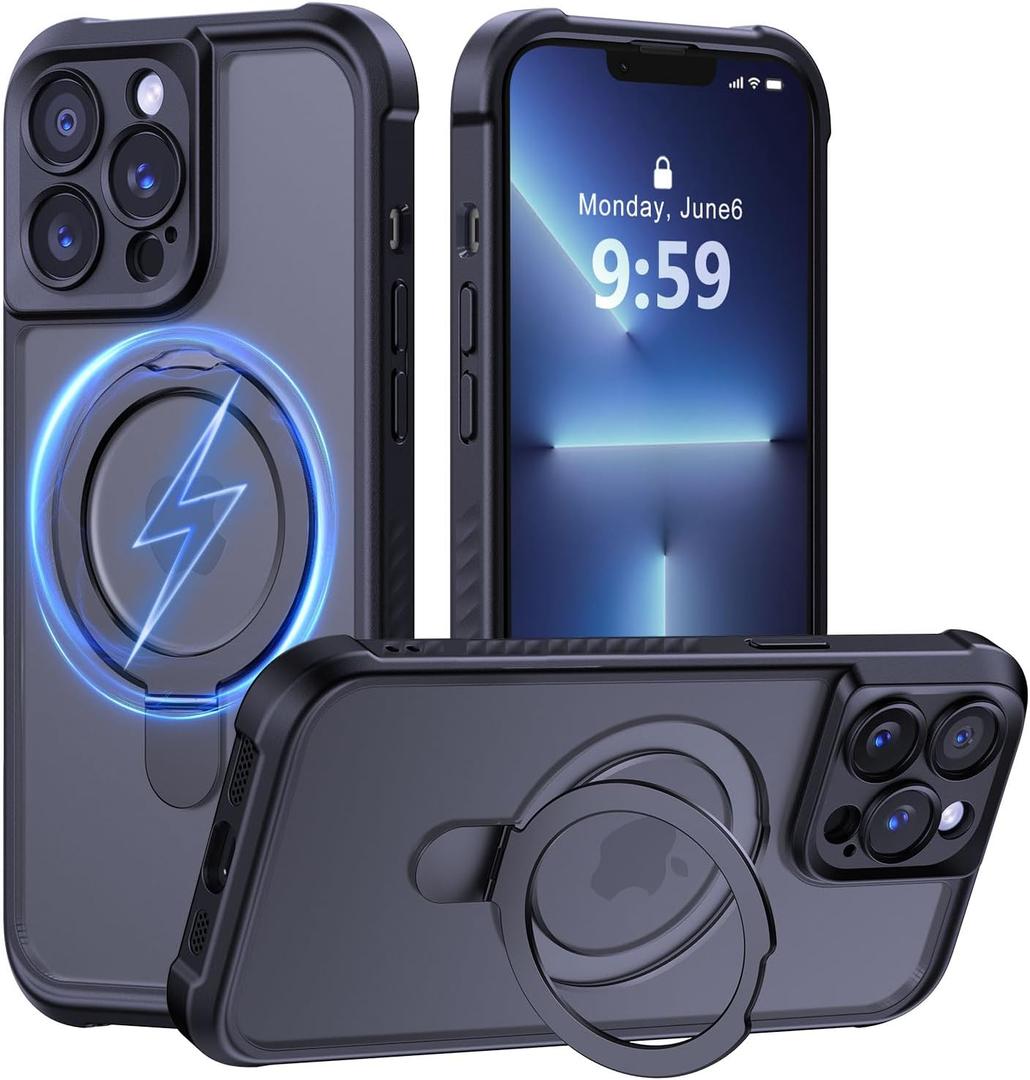 MOCCA Design for iPhone 13 Pro Case with Magnetic Invisible Stand [Full Camera Protection] [Compatible with Magsafe] Military Drop Shockproof Translucent Matte Phone Case Cover 6.1",Black