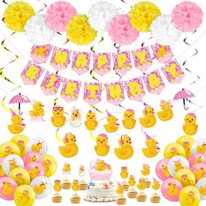 Outus 77 Pcs Pink Ducky Party Decorations Cute Duck Happy Birthday Party Accessory Include Lovely Duck String Hanging Banner Pom Pom Flowers Hanging Swirls Latex Balloons Cupcake Topper for Birthday, Cute Ducky