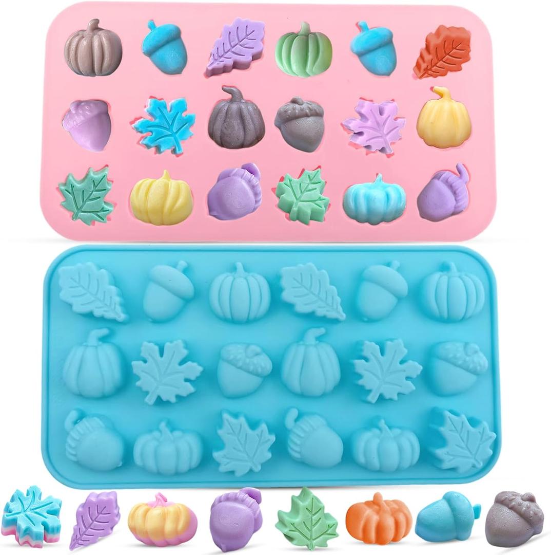 2-Pack Mini Fall Molds - 18-Cavity Chocolate Baking Molds with Pumpkin, Pinecone, Maple Leaf - Perfect for Chocolate Candies, Resin Crafts (Mini - Harvest Bites)