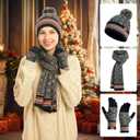 Womens Winter Beanie Hat Long Scarf and Touchscreen Gloves 3Pieces Fleece Lined Skull Caps with Pompom Neck Scarves Set (Navy Blue)