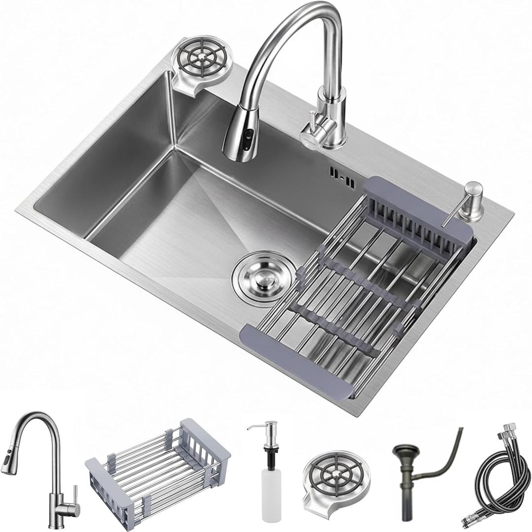 Stainless Steel Kitchen Sink with Faucet, Single Bowl Top Mount/Drop-In 3 Hole Single Bowl Workstation Sink with Cup Washer, Soap Dispenser, Drainage kit for Bar, Kitchen, Balcony (33 * 19in)