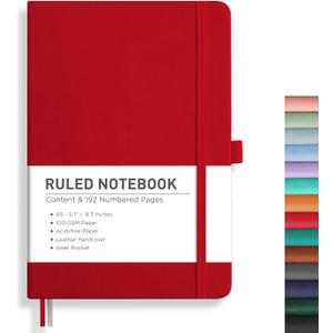 RETTACY Lined Journal Notebook, 192 Numbered Pages, A5 Medium Size (5.7'' x 8.3''), for Men & Women, Journaling, Writing, Work & Office, Leather Hardcover, 100 GSM Thick Paper (Red)