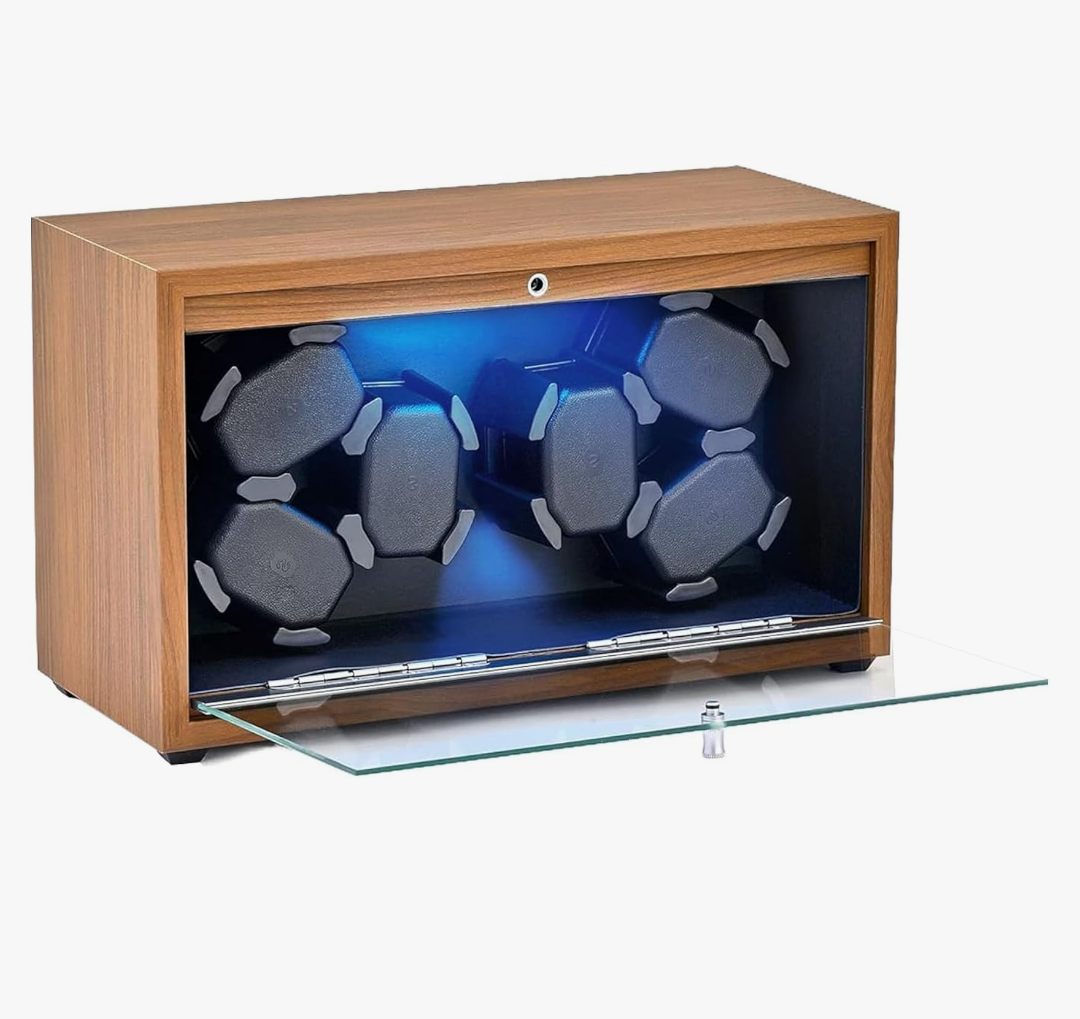 6 Slots Automatic Watch Winder, Wooden Watch Case with Serenity Backlight, Super Quiet Motor, Soft Watch Pillows for Women and Man Watches, USB Powered Supply, Balck