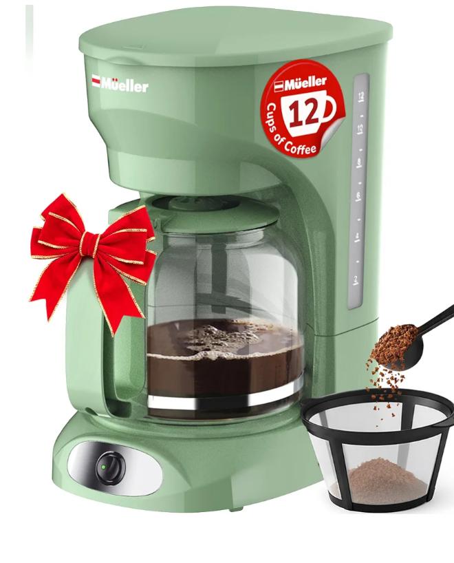 MUELLER HOME 12-Cup Drip Green Coffee Maker, Borosilicate Carafe, Auto-Off, Reusable Filter, Anti-Drip, Keep-Warm Function, Clear Water Level Window, Green Kitchen Accessories & Décor