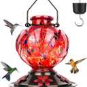 BOLITE Hummingbird Feeder, Hand Blown Glass Hummingbird Feeders for Outdoors Hanging, with Ant Moat and 5 Feeding Ports, 22 Ounces, Peony Flower Shape, Red, Gifts for Women Men, Gifts for Mom Dad