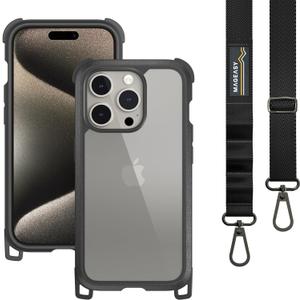 MAGEASY Case with Strap for Phone 15 Pro - Heavy Duty 16ft Drop Protection, Premium 6.1" Crossbody Case with Lanyard for Around The Neck - Odyssey + Strap | Embedded Leather Frame (for Phone 15 Pro 6.1", Leather Black)