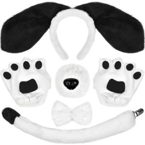 Black Dog Ears Headband Nose Tail Bowtie Paw, 5PCS Puppy Ears Costume Accessories Set for Adult Halloween Cosplay
