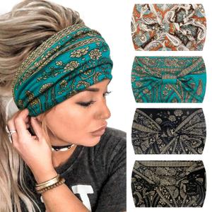 4 Packs Wide Headbands for Women Knotted Non Slip Fashion Cute Paisley Printed Head Bands for Womens Hair Large African Bandana Boho Hairbands Yoga Running Workout Thick Turban Hair Accessories