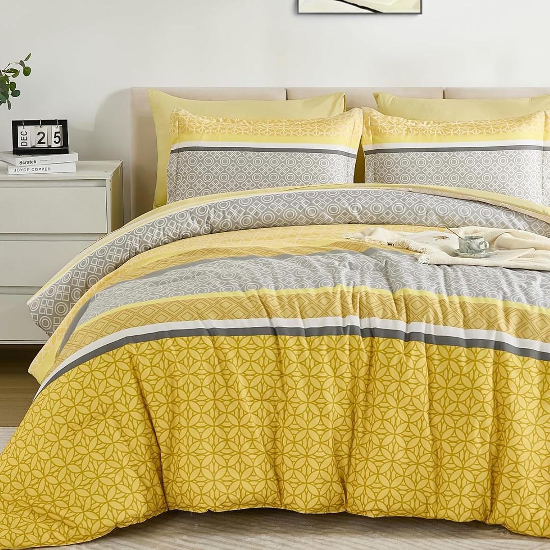 WONGS BEDDING Yellow Comforter Set Queen Size, 7 Pieces Striped Bed in a Bag Comforter and Sheet Set, Bohemian Soft Lightweight Microfiber Bedding Set for All Season (90"x90")