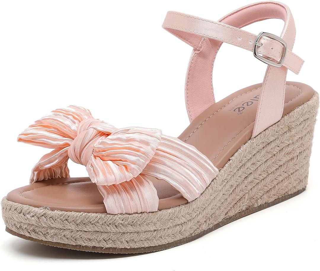 Ruiee Wide Width Wedge Sandals for Women, Ankle Strap Cute Bowknot Open Toe Summer Shoes Platform Espadrille Wedge Dressy Women Sandals.259001 Nude Size 11