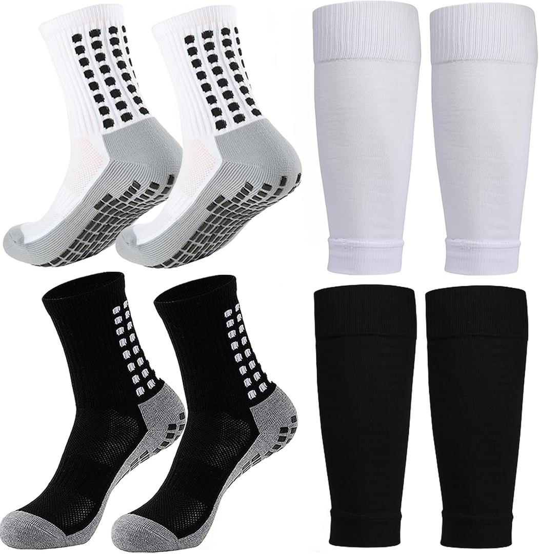KMOLY 1 Set Kids Grip Soccer Socks and Shin Guard Sleeves for Age 7-14 Youth Boys Children Football Basketball Training Black+White