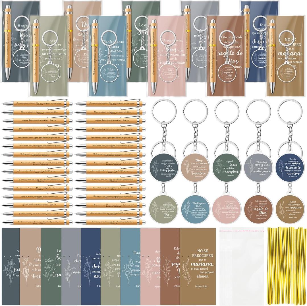 ANGOLIO 230Pcs Spanish Christian Flower Religious Gift Bulk Easter Gift Regalos Cristianos En Espaol Bible Verse Bamboo Pen Keychain Bookmark Inspirational Stationary Gift for Women Men VBS Church