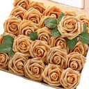 Higfra Artificial Flowers 25pcs Real Looking Gold Foam Fake Roses with Stems for DIY Wedding Bouquets White Bridal Shower Centerpieces Arrangements Mothers Day Party Tables Decorations