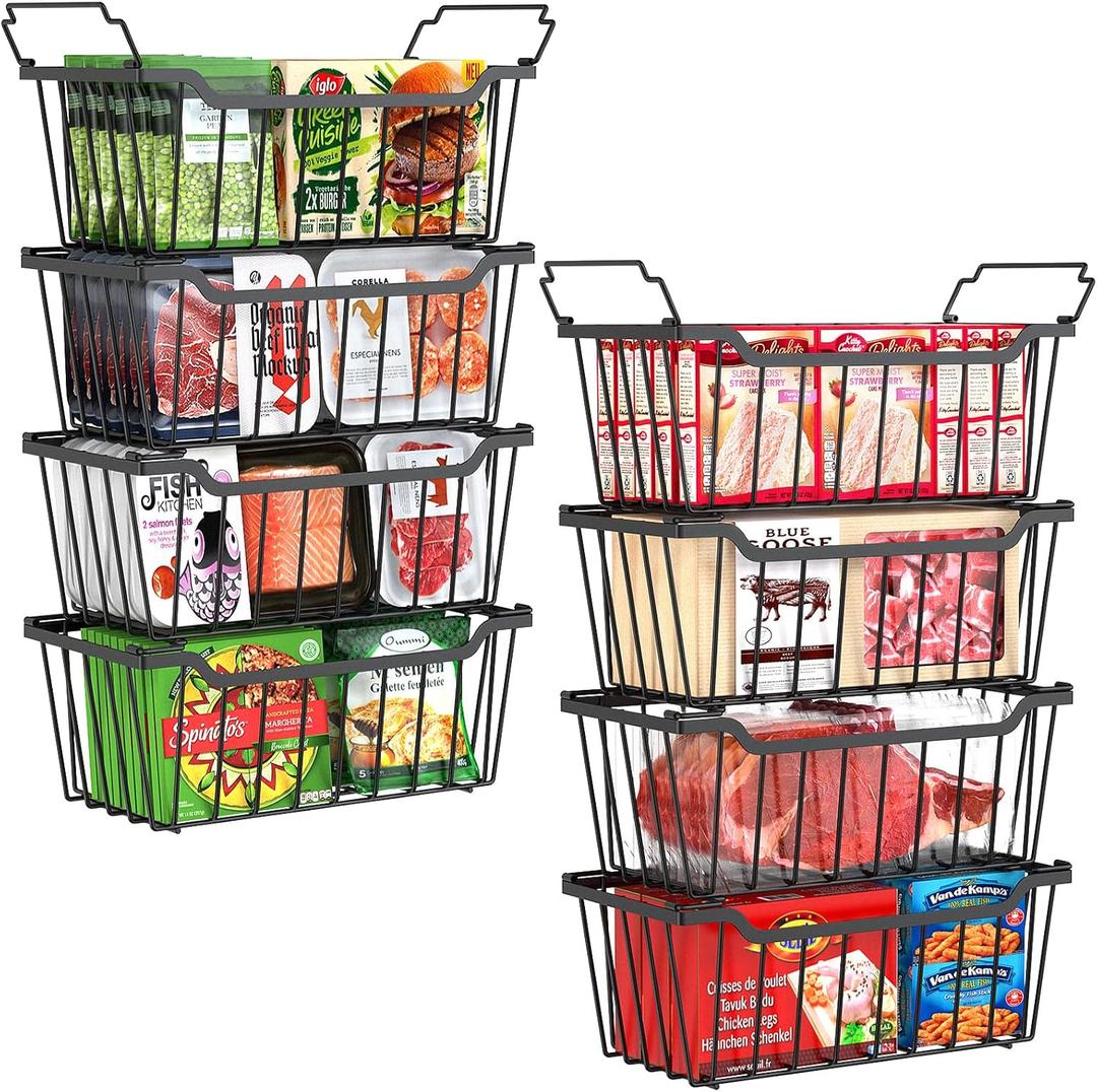 Freezer Organizer Bins, 8 Pack Stackable Chest Freezer Organizer for 5-7 Cu.FT Deep Freezer Sort Frozen Meats and Food, Freezer Storage Baskets with Handles Easy Reach from Bottom, Black