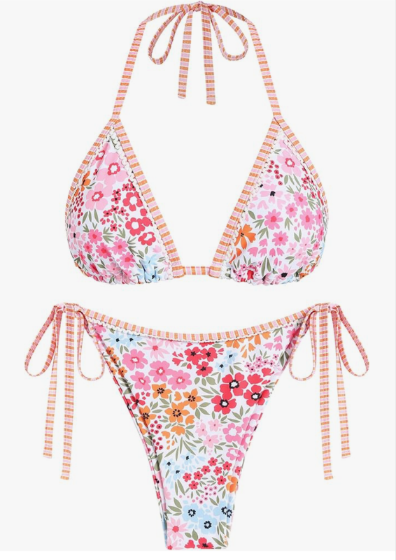 ZAFUL Womens Printed Triangle Bikinis 2 Piece Halter Bikini Sets High Cut Bathing Suit Side Tie Swimsuits M
