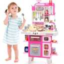 CUTE STONE Kids Kitchen Playset, Play Kitchen Set with Sound & Light, Cooking Stove with Steam, Toy Sink, Play Food Toy and Kitchen Accessories for Pretend Play, Kitchen Toy Set for Toddler Girls, Pink