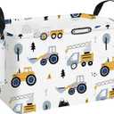 Rectangular Construction Vehicle Storage Basket for Boys,Collapsible Fabric Toy Storage Bin with Handles,Cute Excavator Tractor Truck Organizer for Kids Room,Nursery,Playroom,Closet (Excavator)