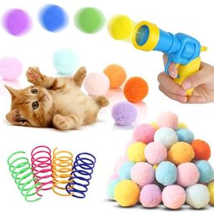 BaiKevin Low Noise Interactive Cat Ball Launcher Gun, 1 Noise-Reduced Launcher (New Upgraded), 20 Pcs Colorful Silent Plush Pom Pom Balls (1.2 inches), with 4 Pcs Cat Spring Toy