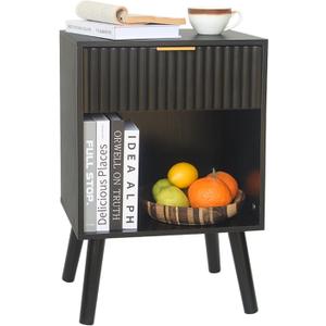Fultyle Black Fluted Nightstand, Modern Bedside Table with Drawer and Opening Storage, End Side Table Living Room with Solid Wood Legs for Bedroom (Black), 11.8 inches x 15.7 inches x 24.4 inches
