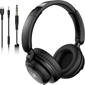 BeAttack Wired Over Ear Headphones Studio Monitor & Mixing DJ Stereo Headsets with 50mm Drivers and 1/4 to 3.5mm Jack for Cellphone Type C AMP Computer Recording Podcast Keyboard Guitar Laptop Black